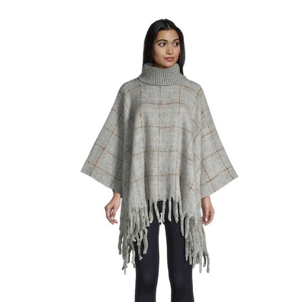 World Market Poncho Women's One Size NWT Gray/Tan Windowpane Turtleneck